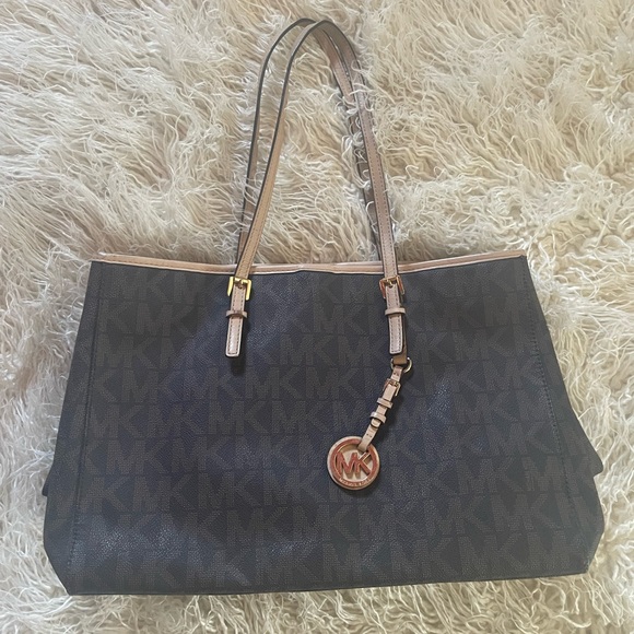 Michael Kors Brown Signature Monogram Tote with Tan Trim and Gold Charm